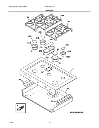 Main Top Diagram and Parts List for FGDF4085TSB  Frigidaire Range