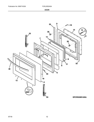 Door Diagram and Parts List for FCRL3052ASA  Frigidaire Range