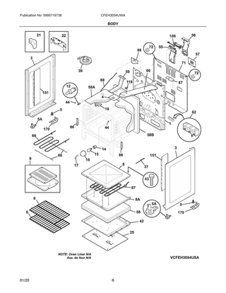 Body Diagram and Parts List for CFEH3054UWA  Frigidaire Range
