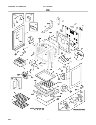 Body Diagram and Parts List for FGEF3058RWD  Frigidaire Range