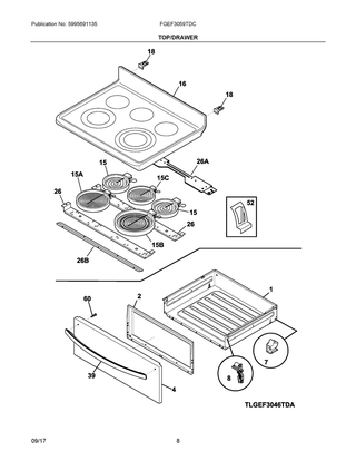 Top/drawer Diagram and Parts List for FGEF3059TDC  Frigidaire Range