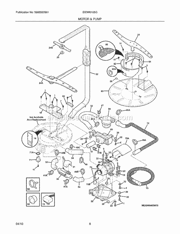 MOTOR & PUMP Diagram and Parts List for EIDW6105GS1A  Electrolux Dishwasher