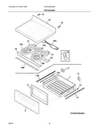 Top/drawer Diagram and Parts List for CGEF3036UWB  Frigidaire Range