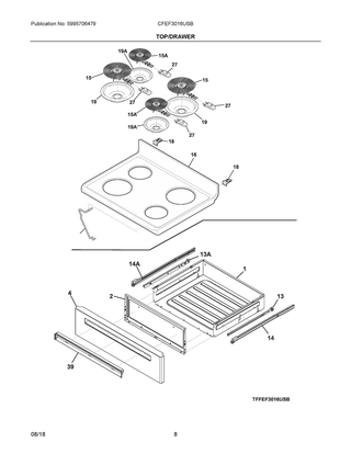 Top/drawer Diagram and Parts List for CFEF3016USB  Frigidaire Range
