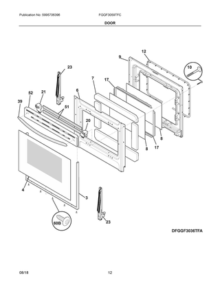 Door Diagram and Parts List for FGGF3059TFC  Frigidaire Range