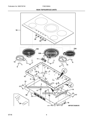 Main Top/surface Units Diagram and Parts List for FGEC3648UB  Frigidaire Cooktop