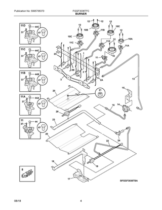 Burner Diagram and Parts List for FGGF3036TFC  Frigidaire Range