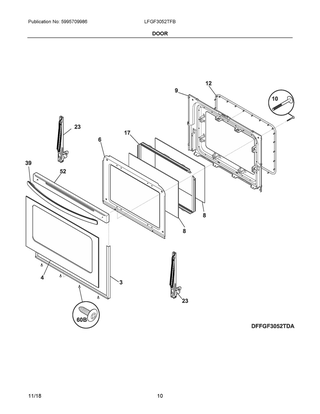 Door Diagram and Parts List for LFGF3052TFB  Frigidaire Range
