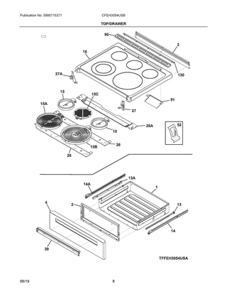 Top/drawer Diagram and Parts List for CFEH3054USB  Frigidaire Range