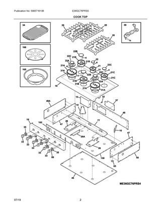 Cook Top Diagram and Parts List for E36GC76PRS5  Frigidaire Cooktop