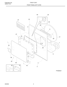 Front Panel/Lint Filter Diagram and Parts List for FGR211CAS1  Frigidaire Dryer