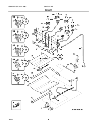 Burner Diagram and Parts List for GCRG3038ADA  Frigidaire Range
