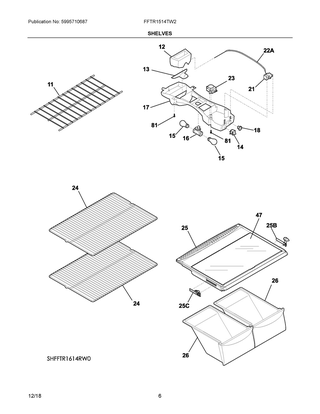 Shelves Diagram and Parts List for FFTR1514TW2  Frigidaire Refrigerator