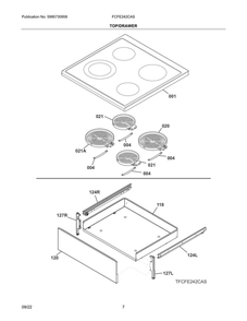 Top/Drawer Diagram and Parts List for FCFE242CAS  Frigidaire Range