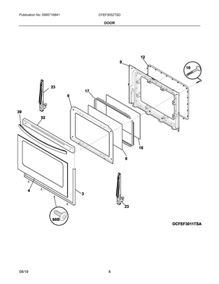 Door Diagram and Parts List for CFEF3052TSD  Frigidaire Range