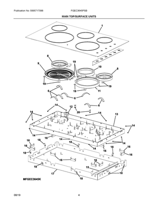 Main Top/surface Units Diagram and Parts List for FGEC3645PSB  Frigidaire Cooktop