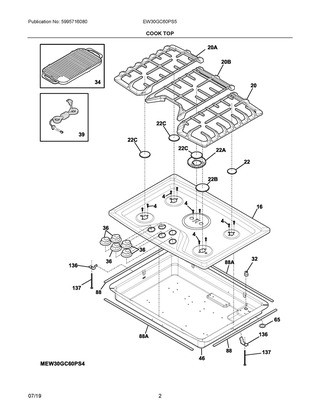 Cook Top Diagram and Parts List for EW30GC60PS5  Frigidaire Cooktop