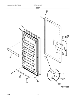 Door Diagram and Parts List for TFFU21M1QWB  Frigidaire Freezer