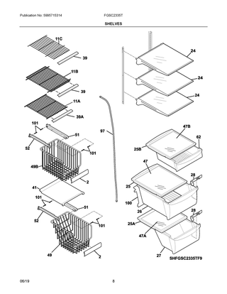 Shelves Diagram and Parts List for FGSC2335TF9  Frigidaire Refrigerator