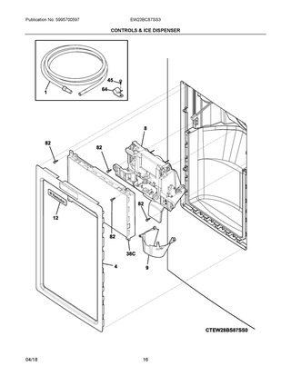 Controls & Ice Dispenser Diagram and Parts List for EW23BC87SS3  Frigidaire Refrigerator