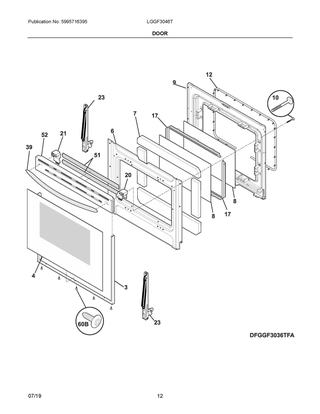 Door Diagram and Parts List for LGGF3046TFE  Frigidaire Range