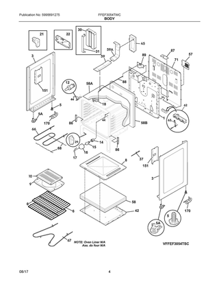 Body Diagram and Parts List for FFEF3054TWC  Frigidaire Range