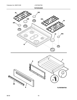 Top/drawer Diagram and Parts List for LFGF3054TDB  Frigidaire Range