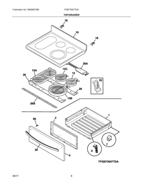 04 - TOP/DRAWER Diagram and Parts List for FGEF3047TDA  Frigidaire Range