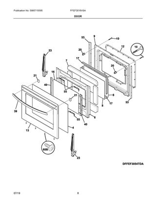 Door Diagram and Parts List for FFEF3016VSA  Frigidaire Range
