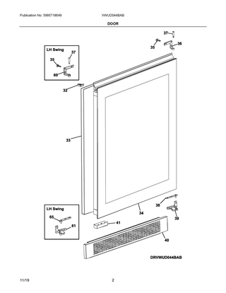 Door Diagram and Parts List for VWUD044BAB  Frigidaire Wine and Beverage Cooler