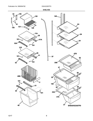 Shelves Diagram and Parts List for DGHX2355TF0  Frigidaire Refrigerator