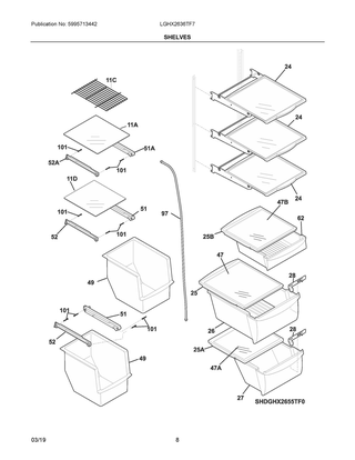 Shelves Diagram and Parts List for LGHX2636TF7  Frigidaire Refrigerator