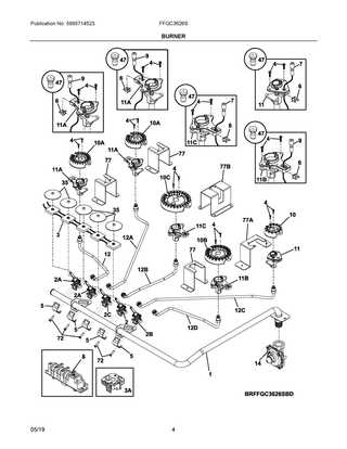 Burner Diagram and Parts List for FFGC3626SBE  Frigidaire Cooktop