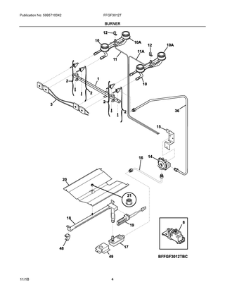 Burner Diagram and Parts List for FFGF3012TWC  Frigidaire Range