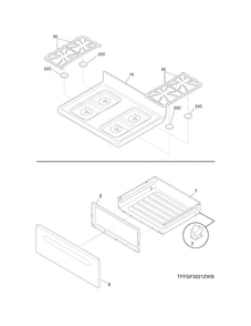 Top/drawer Diagram and Parts List for FFGF3021ZWD  Frigidaire Range