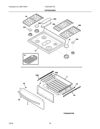 Top/drawer Diagram and Parts List for FGGF3047TFE  Frigidaire Range