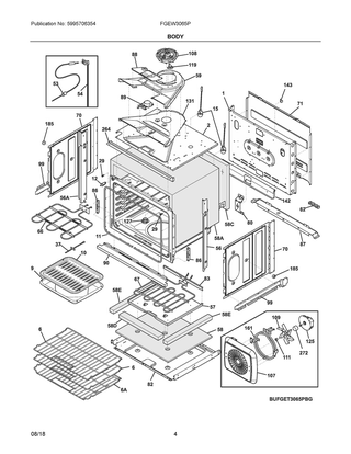 Body Diagram and Parts List for FGEW3065PWG  Frigidaire Wall Oven