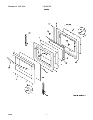 Door Diagram and Parts List for FFGF3056TSD  Frigidaire Range