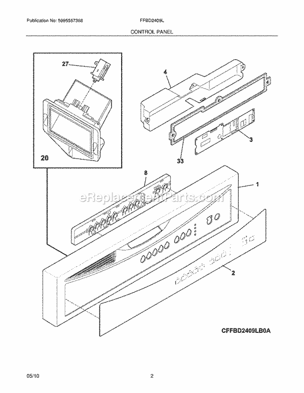 Control Panel Diagram and Parts List for FFBD2407LS0A  Frigidaire Dishwasher