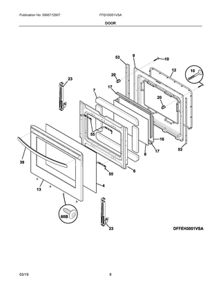 Door Diagram and Parts List for FFEH3051VSA  Frigidaire Range