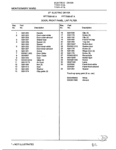 Door, Front Panel, Lint Filter Page 2 Diagram and Parts List for 7589-87A  Frigidaire Dryer
