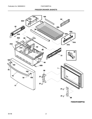 Freezer Drawer, Baskets Diagram and Parts List for FGHF2366PFHA  Frigidaire Refrigerator
