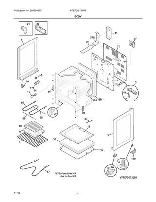 Body Diagram and Parts List for FFEF3051TWB  Frigidaire Range