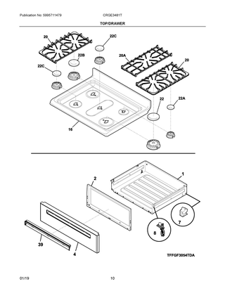 Top/drawer Diagram and Parts List for CRGE3481TSA  Frigidaire Range