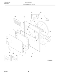 Front Panel/Lint Filter Diagram and Parts List for GLGR642CAS1  Frigidaire Dryer