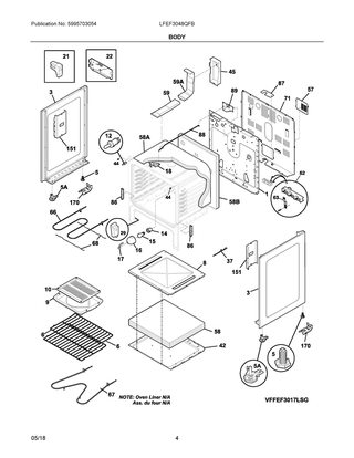 Body Diagram and Parts List for LFEF3048QFB  Frigidaire Range