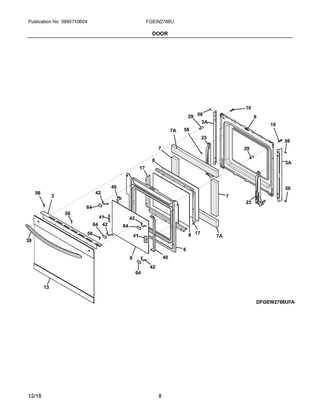 Door Diagram and Parts List for FGEW2766UDA  Frigidaire Wall Oven