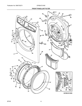 Front Panel/lint Filter Diagram and Parts List for EFME427UIW0  Frigidaire Dryer