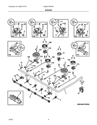 Burner Diagram and Parts List for E36GC76PRS4  Frigidaire Cooktop
