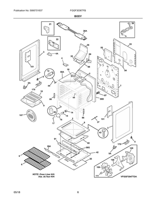 Body Diagram and Parts List for FGGF3036TFB  Frigidaire Range